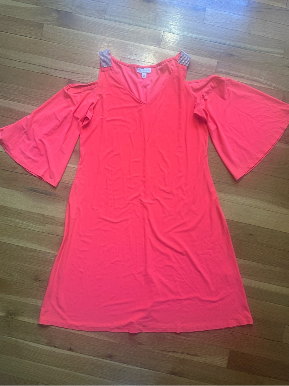 Cold-Shoulder V-Neck Mini Dress with‎ Rhinestone Straps - Coral